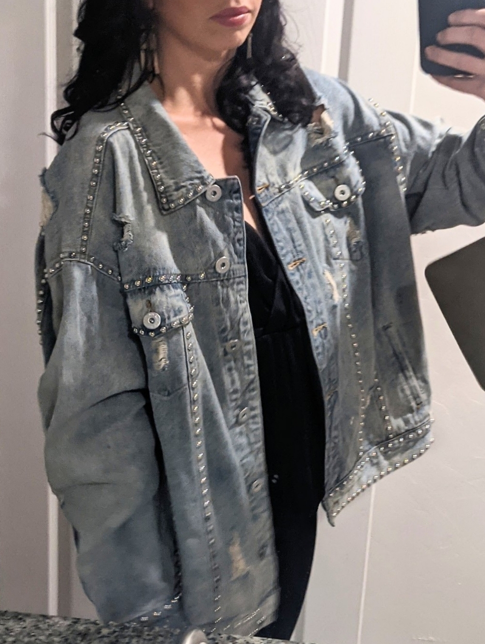 VICI Studded Distressed Oversized Denim Jacket Size S (Fits M/L)